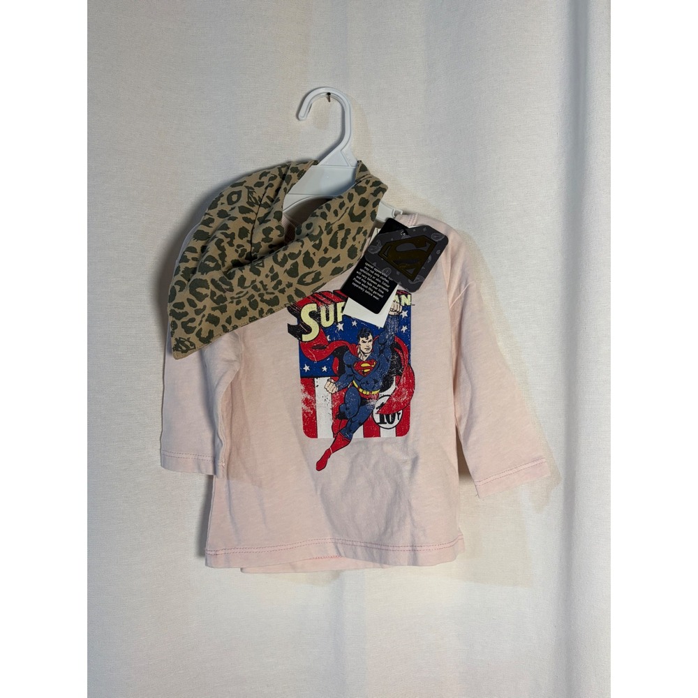 Cotton On Baby Superman Long Sleeve Tee and Leopard Bandana Bib Set Pink 3-6M